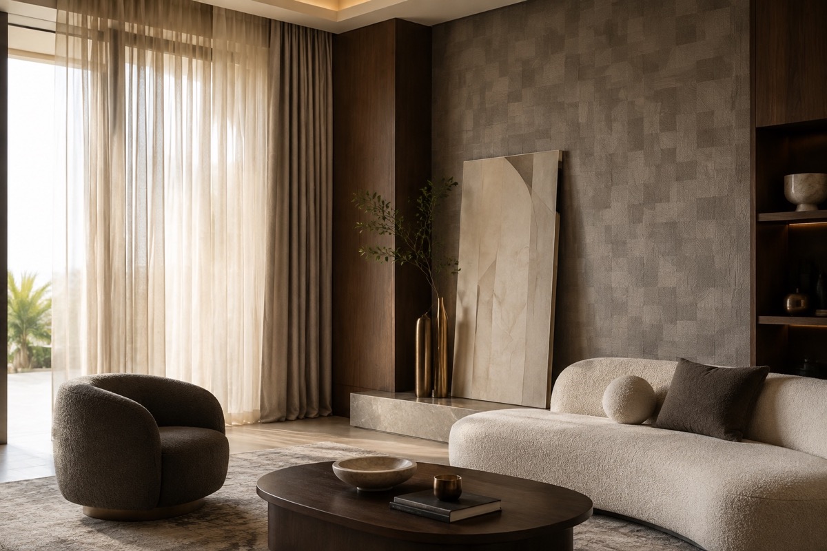 AI-generated interior inspiration with textured walls and warm wood tones